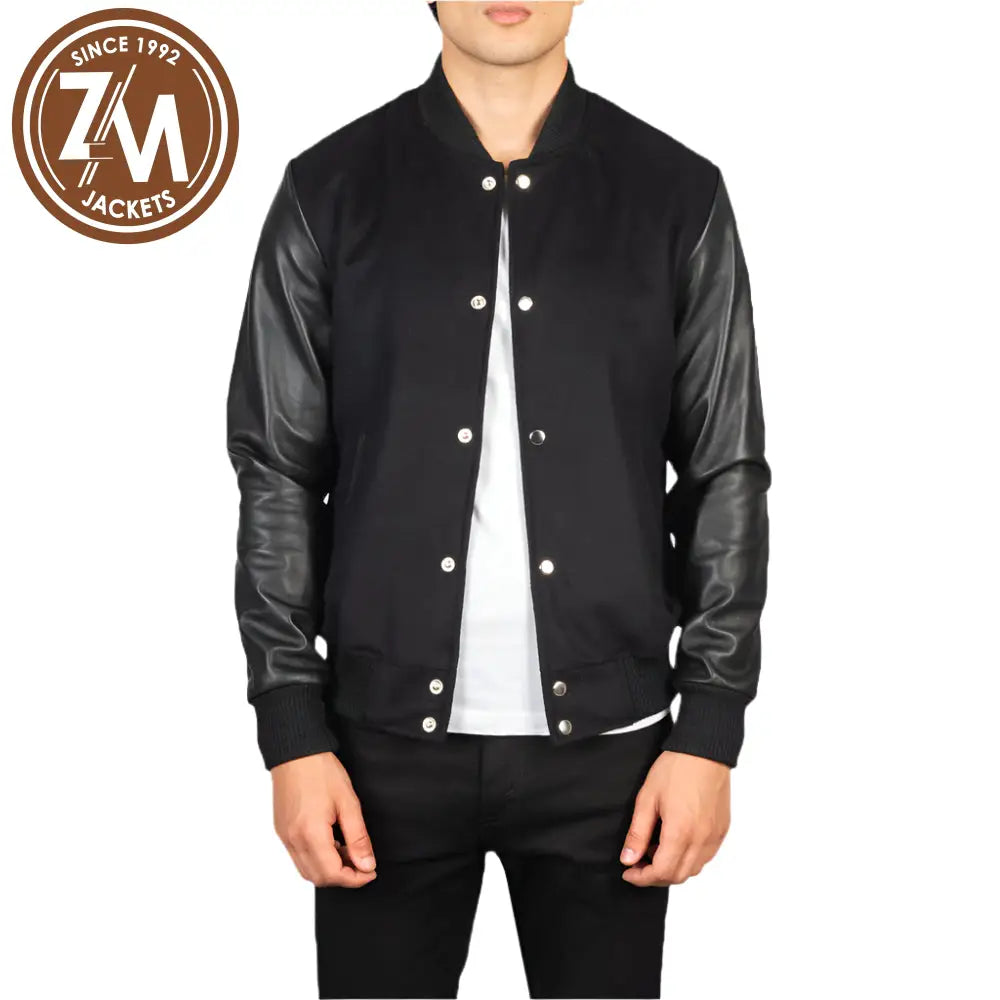Men_Vaxton_Black_Hybrid_Varsity_Jacket_Open_Front