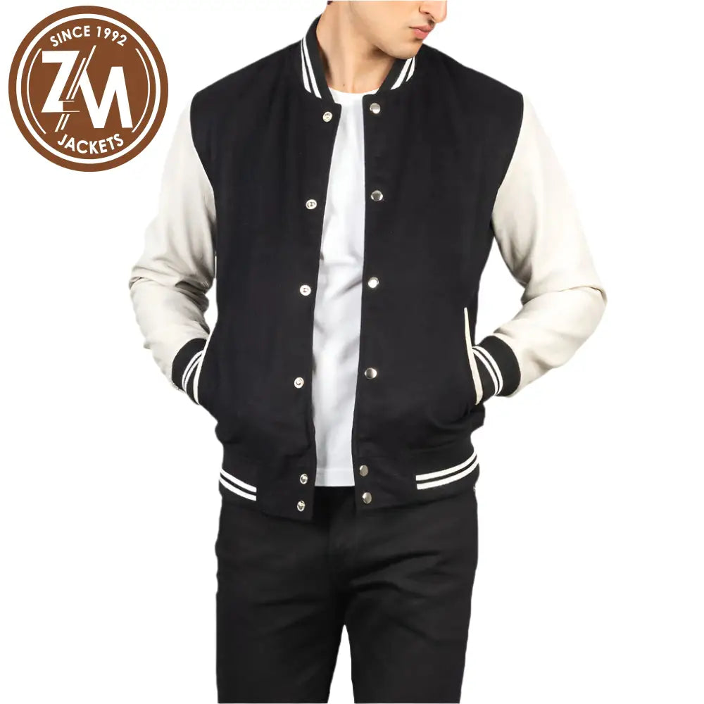 Men_Vaxton_Black_White_Hybrid_Varsity_Jacket_Open_Front
