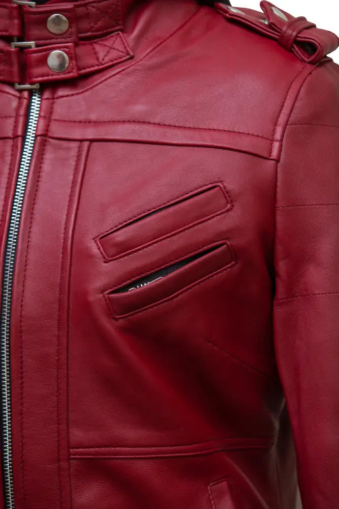 Luna Womens red Leather Jacket With Removeable Hood Ladies Jacket chest zipper pocket
