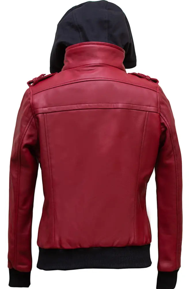 Luna Womens red Leather Jacket With Removeable Hood Ladies Jacket back view