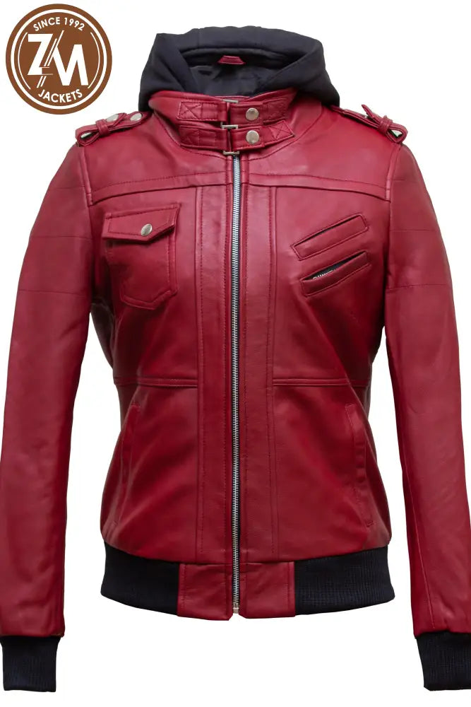 Luna Womens red Leather Jacket With Removeable Hood Ladies Jacket front view