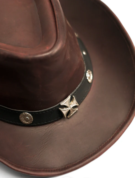 ZM Outlaw Leather Cowboy Hat – Dark Brown with Iron Cross Studs