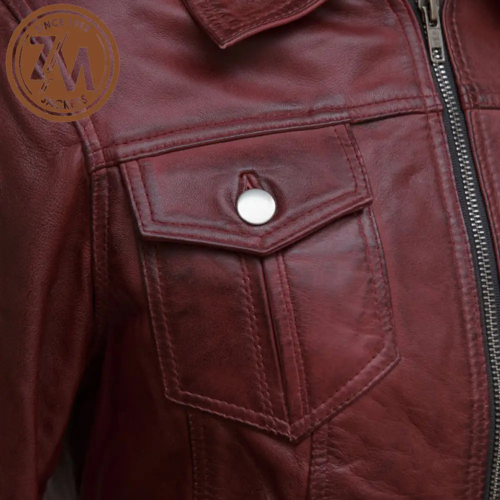 Annie Women Maroon Real Leather Jacket With Removeable Hood Ladies Jacket chest flap pocket 