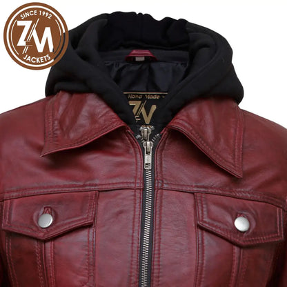 Annie Women Maroon Real Leather Jacket With Removeable Hood Ladies Jacket collar style