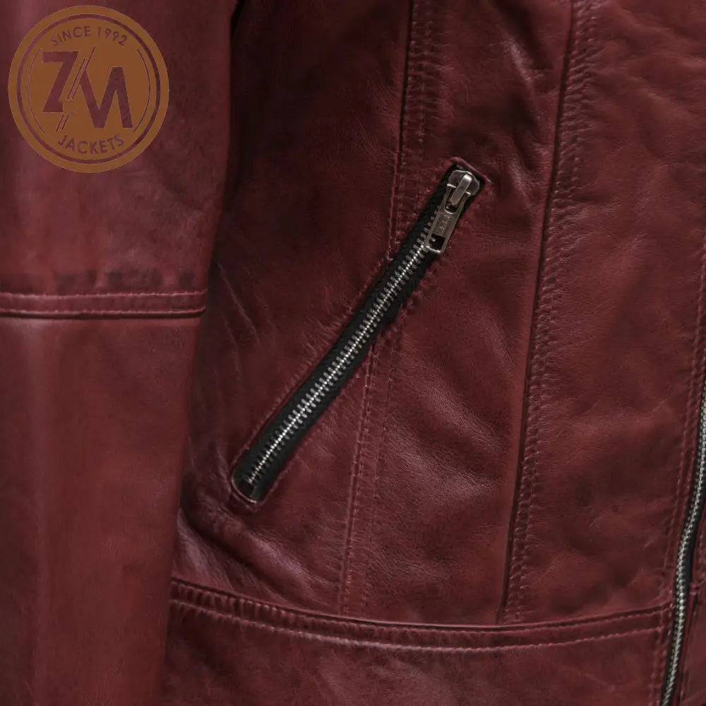 Annie Women Maroon Real Leather Jacket With Removeable Hood Ladies Jacket hand pocket 