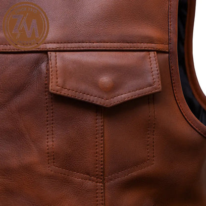 Arthur Real Sheep Brown Distressed Leather vest Coat Men’s Men Waist Coat chest flap pocket 