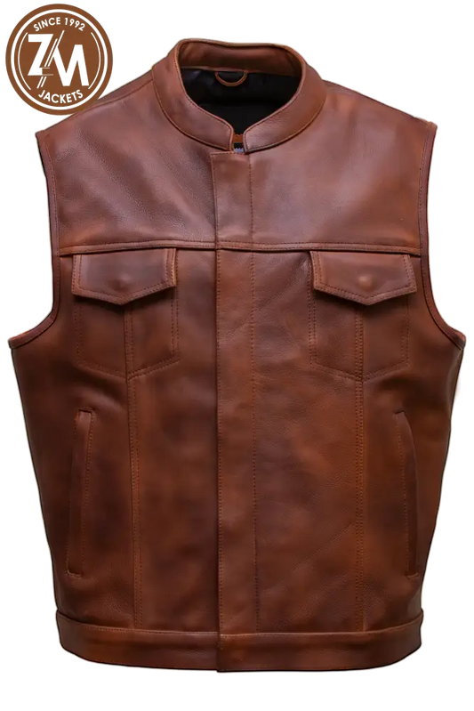 Arthur Real Sheep Brown Distressed Leather vest Coat Men’s Men Waist Coat front view