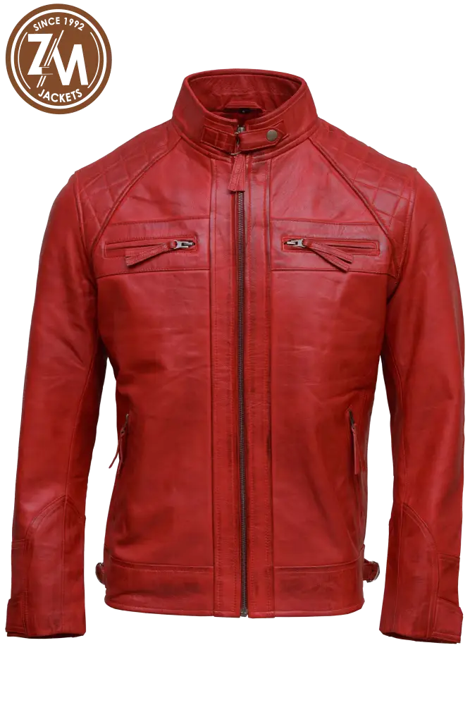 Diamond Men’s Real Sheep Leather Red Men Jacket front 
