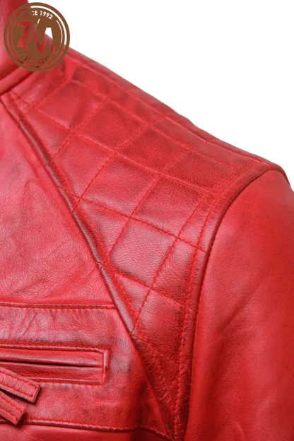 Diamond Men’s Real Sheep Leather Jacket Red Men shoulder