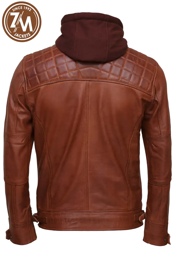 Diamond Men’s Removable Hood Real Sheep Leather Jacket Cognac Men back