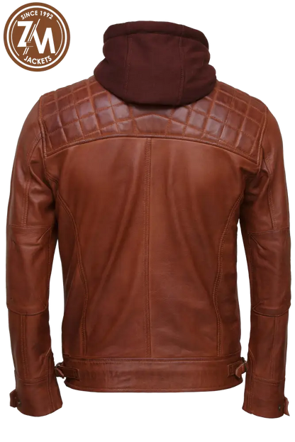 Diamond Men’s Removable Hood Real Sheep Leather Jacket Cognac Men back
