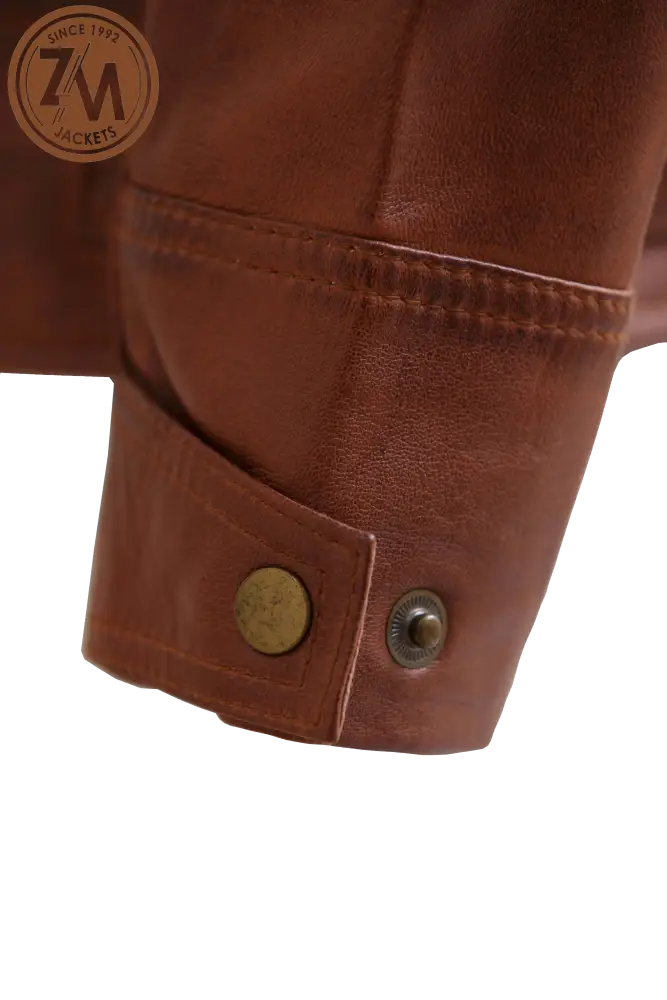 Diamond Men’s Removable Hood Real Sheep Leather Jacket Cognac Men cuff button