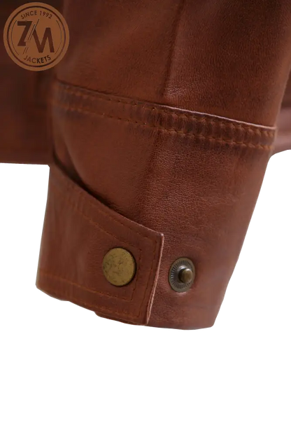 Diamond Men’s Removable Hood Real Sheep Leather Jacket Cognac Men cuff button