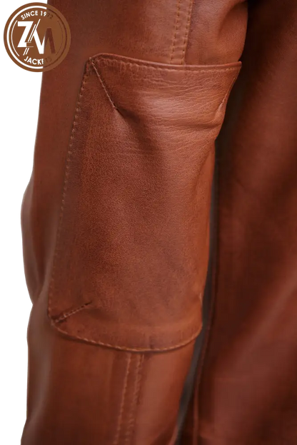 Diamond Men’s Removable Hood Real Sheep Leather Jacket Cognac Men elbow style  