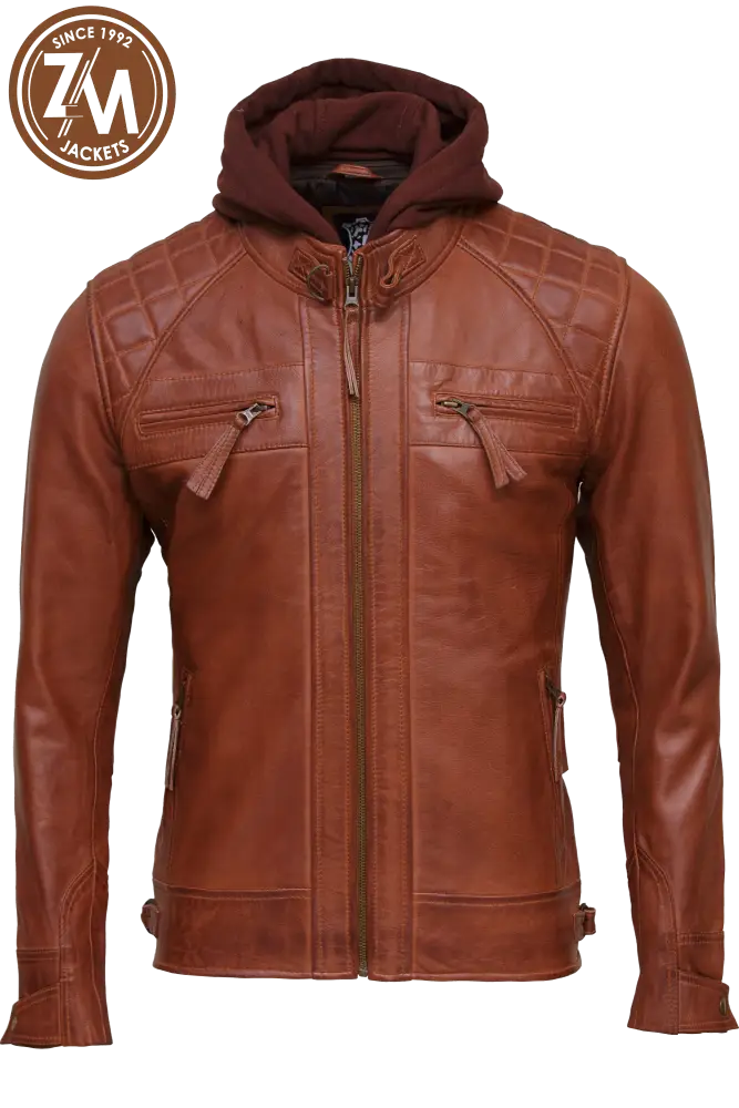 Diamond Men’s Removable Hood Real Sheep Leather Jacket Cognac Men Jacket front 