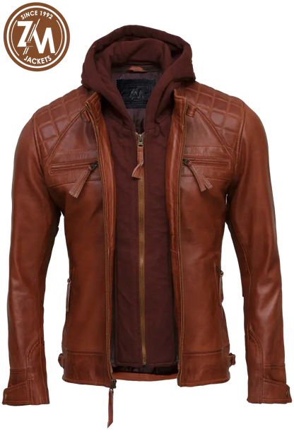 Diamond Men’s Removable Hood Real Sheep Leather Jacket Conic Men Jacket