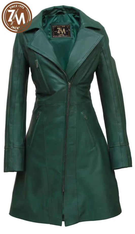 Elare Womens 3/4 Length Green Leather Coat Ladies 3Qtr front view