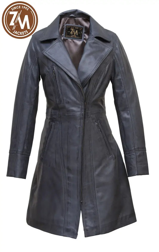 Elare Womens 3/4 Length Grey Leather Coat Ladies 3Qtr front view
