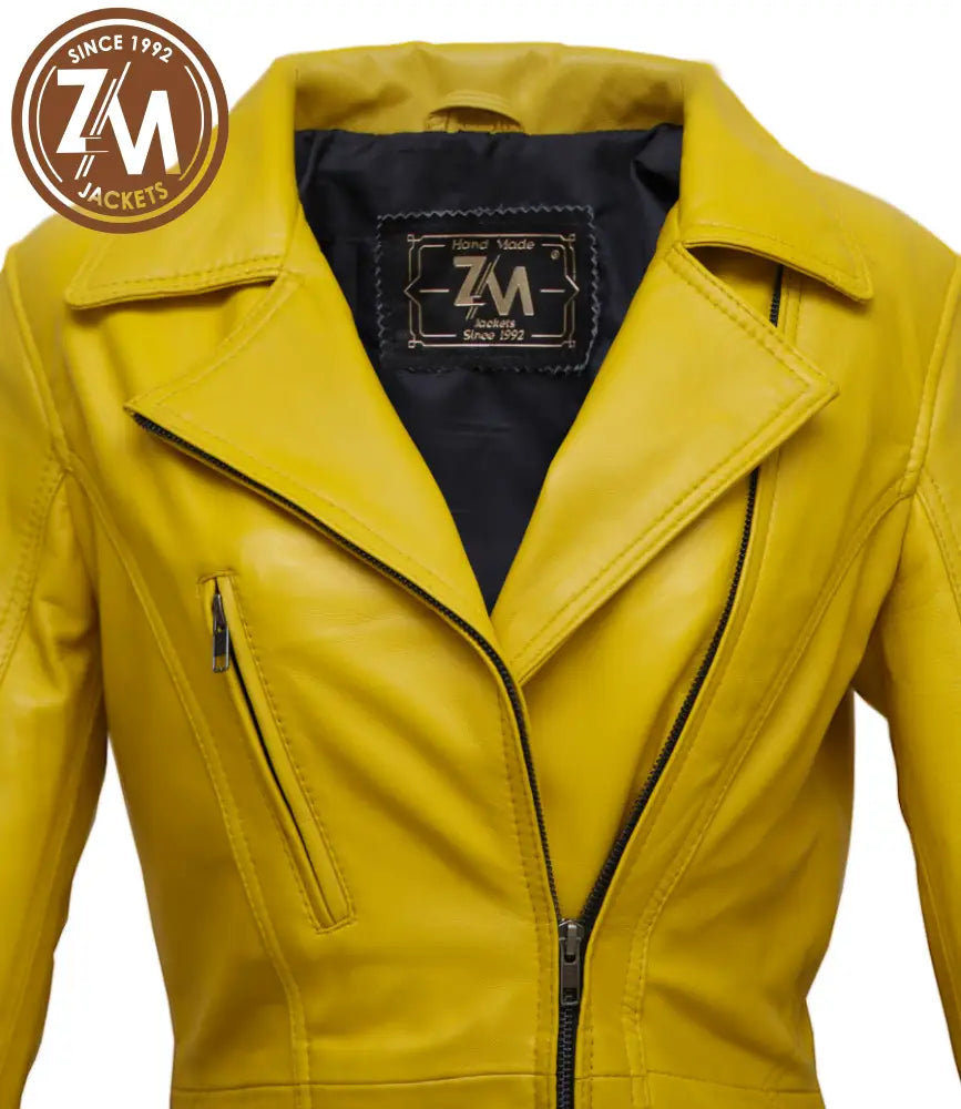 Elare Womens 3/4 Length Yellow Leather Coat Ladies 3Qtr collar style and chest pocket 