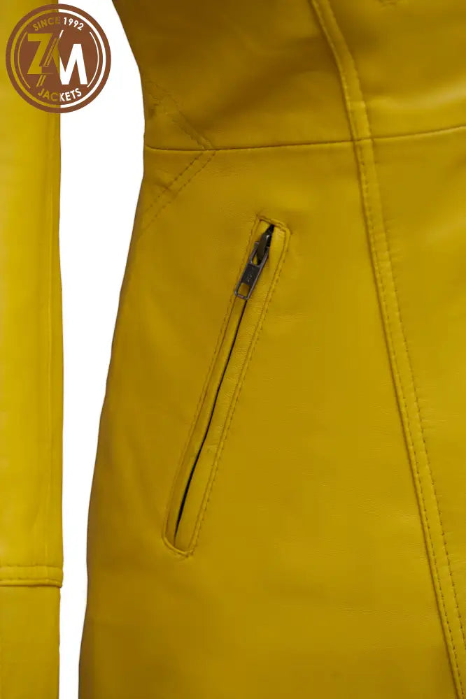 Elare Womens 3/4 Length Yellow Leather Coat Ladies 3Qtr hand pocket