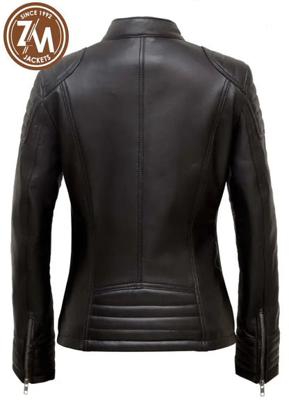 Elle Womens Black Biker Leather Jacket Ladies Jacket back view 