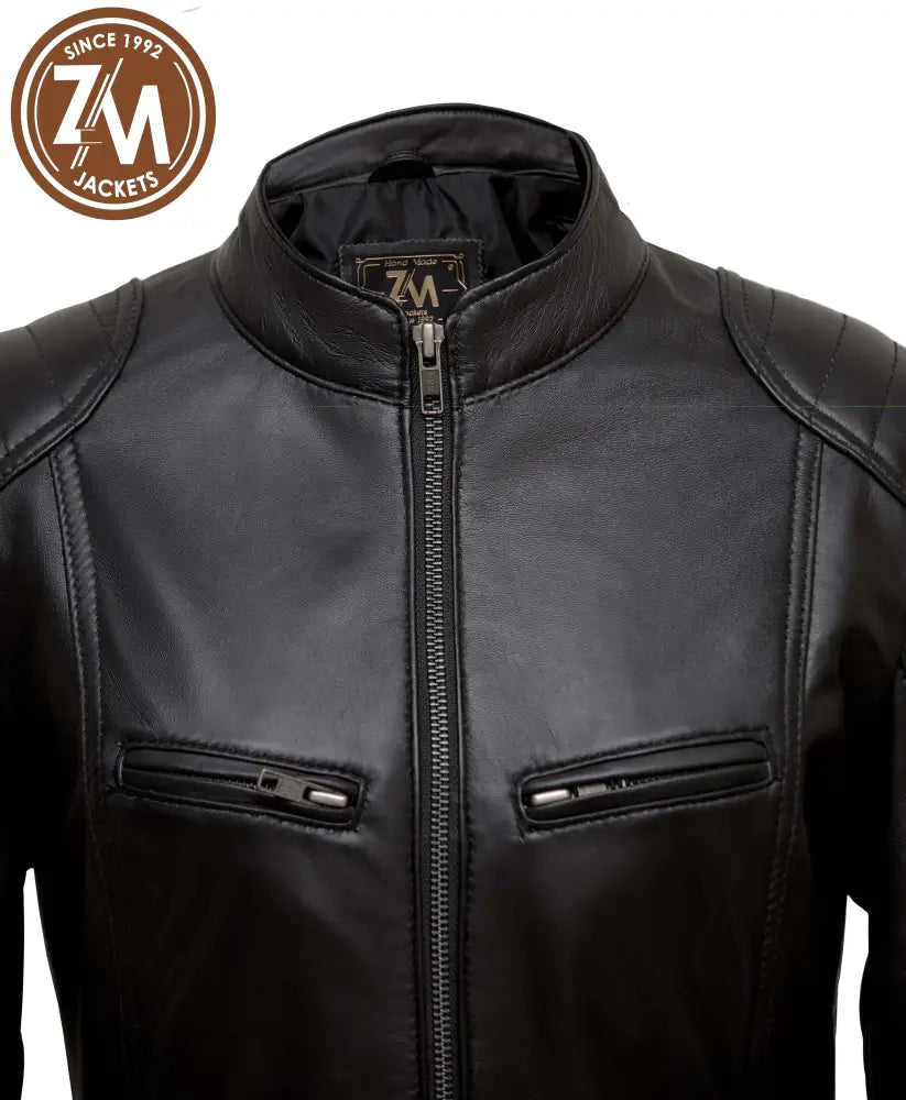 Elle Womens Black Biker Leather Jacket Ladies Jacket collar style 