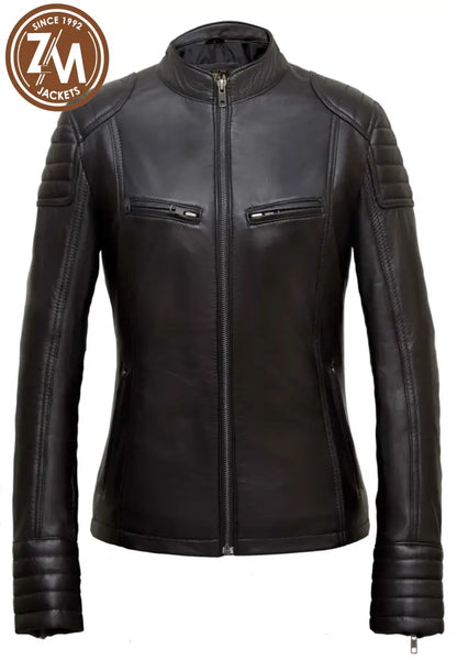 Elle Womens Black Biker Leather Jacket Xs Ladies Jacket front view 