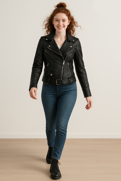 Nellie Womens Black Asymmetrical Leather Biker Jacket