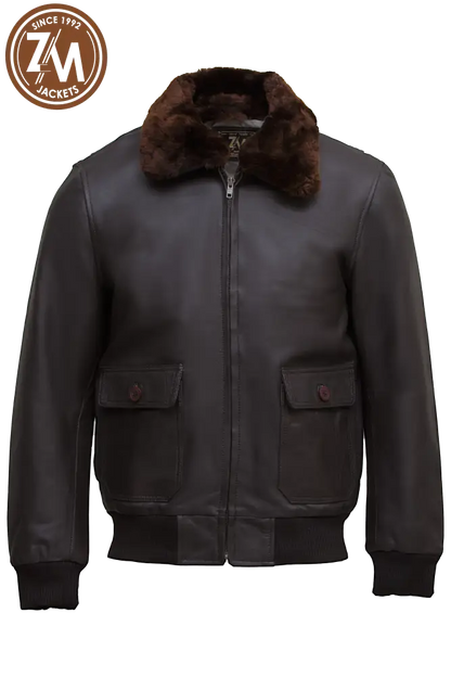 Inferno Bomber Real Sheep Leather Jacket Removeable Collar Fur Men’s Brown Men Jacket front