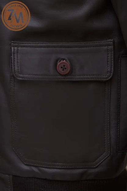 Inferno Bomber Real Sheep Leather Jacket Removeable Collar Fur Men’s Brown Men Jacket hand flap pocket and hand pocket 