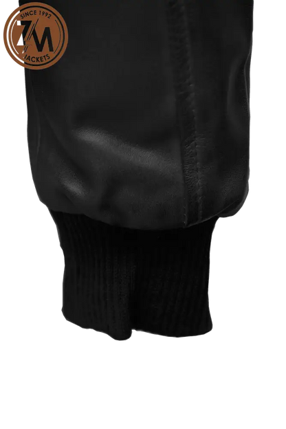  men's black leather jacket with knit rib on cuff
