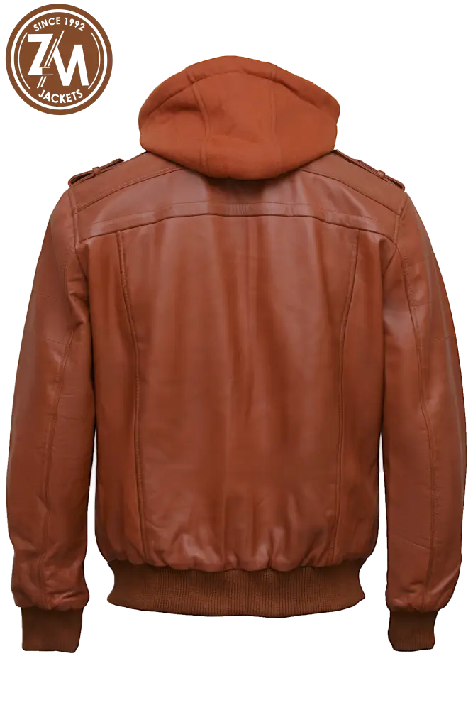 Luna Men’s Real Sheep Leather Jacket Removeable Hood Light Tan Men Jacket back