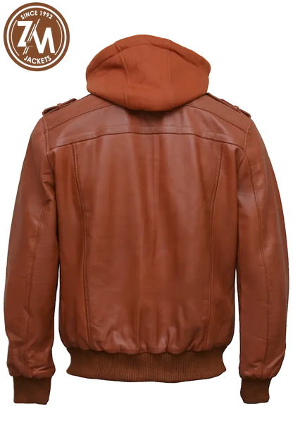 Luna Men’s Real Sheep Leather Jacket Removeable Hood Light Tan Men Jacket back