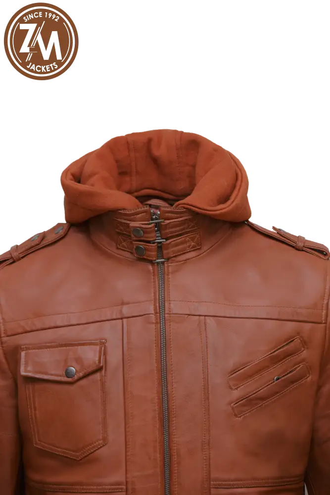 Luna Men’s Real Sheep Leather Jacket Removeable Hood Light Tan Men Jacket collar
