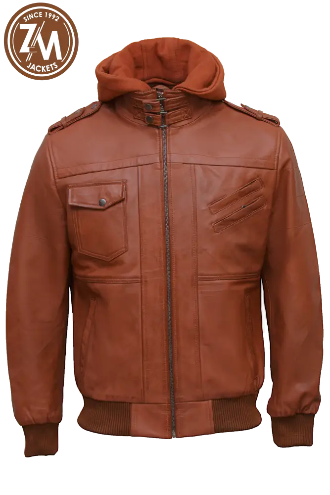 Luna Men’s Real Sheep Leather Jacket Removeable Hood Light Tan Men Jacket front 