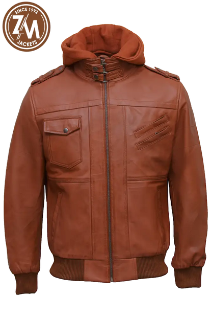 Luna Men’s Real Sheep Leather Jacket Removeable Hood Light Tan Men Jacket front 