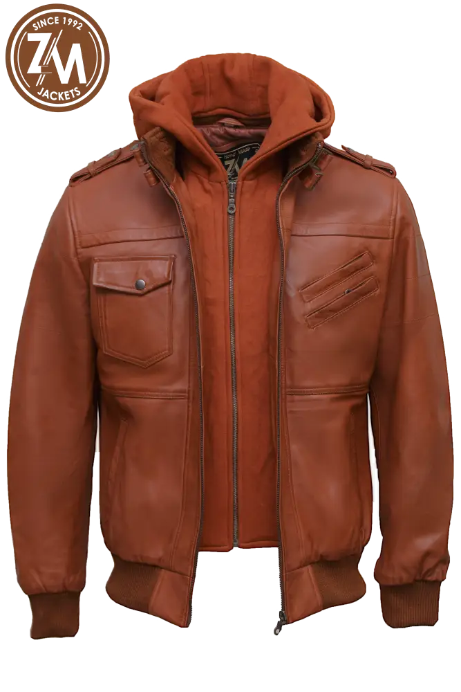 Luna Men’s Real Sheep Leather Jacket Removeable Hood Light Tan Men Jacket open front 