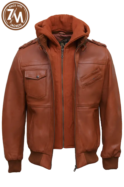 Luna Men’s Real Sheep Leather Jacket Removeable Hood Light Tan Men Jacket open front 