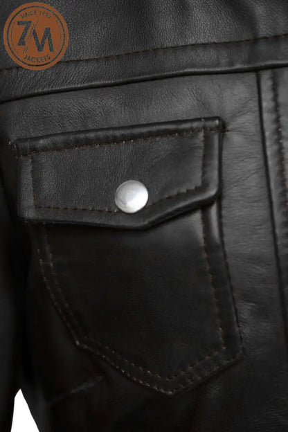 Luna Womens Black Leather Jacket With Removeable Hood Ladies Jacket front flap pocket 
