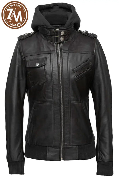 Luna Womens Black Leather Jacket With Removeable Hood Ladies Jacket front view