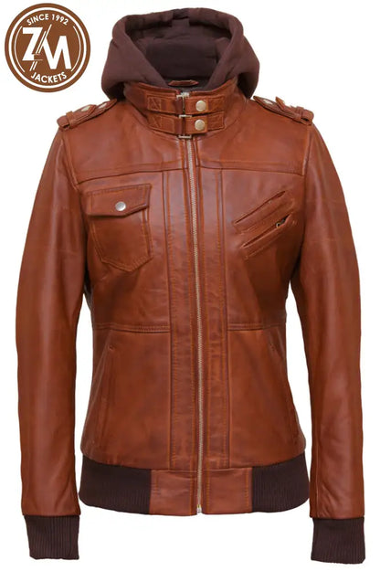 Luna Womens Cognac Leather Jacket With Removeable Hood Ladies Jacket front 