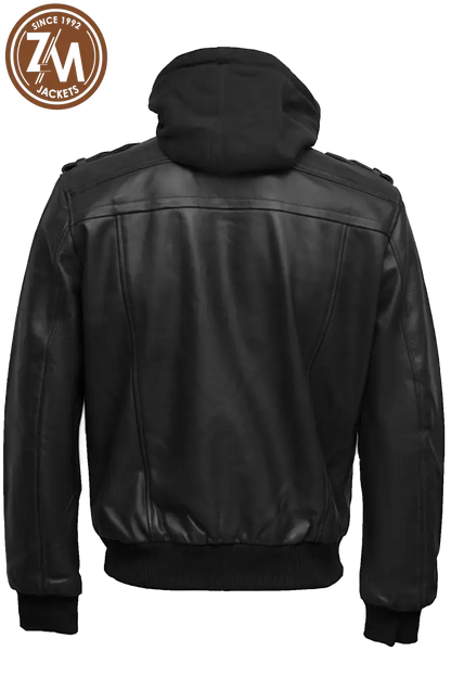 Back view of men's black leather jacket with removable hood