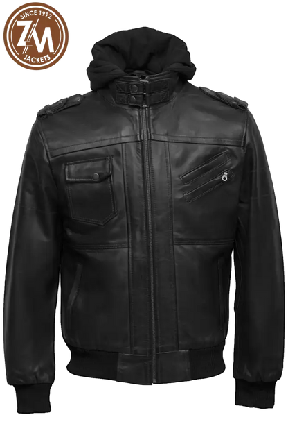 Front view of men's black leather jacket with removable hood