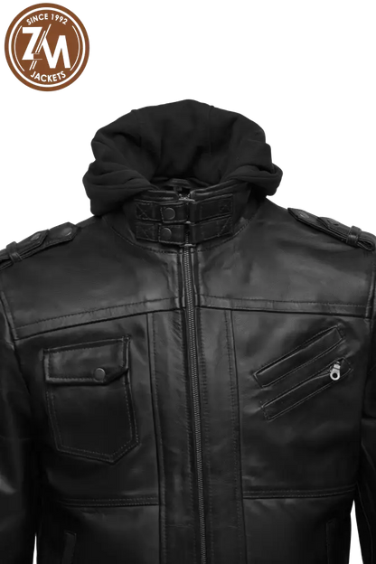 Front view of men's black leather jacket with removable hood and chest pockets and collar style 