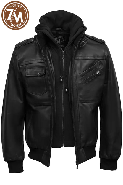 Front view of men's black leather jacket with removable hood