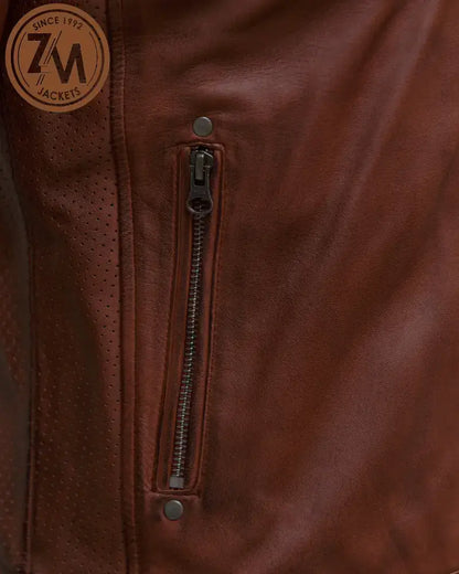 Cafe Racer Men’s Real Sheep Leather Jacket Cognac hand pocket 