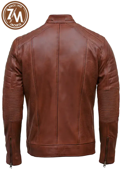 back Cafe Racer Men’s Real Sheep Leather Jacket Cognac Men Jacket