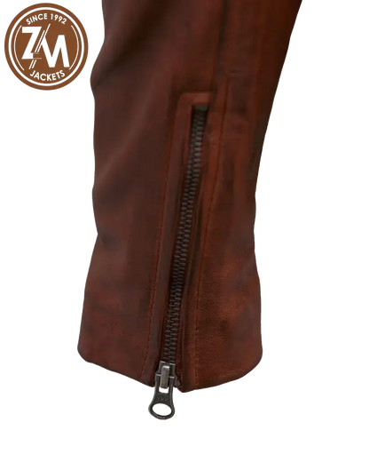 Cafe Racer Men’s Real Sheep Leather Jacket Cognac cuff zipper 