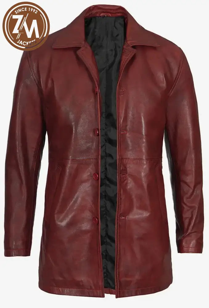 Mathew Men’s Maroon Leather Car Coat - Real Sheep Leather XS Men coat