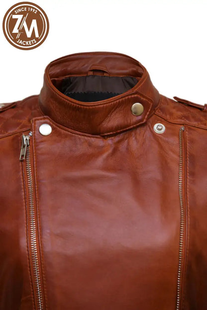 Monic Womens Cognac Asymmetrical Biker Leather Jacket Ladies Jacket collar closer